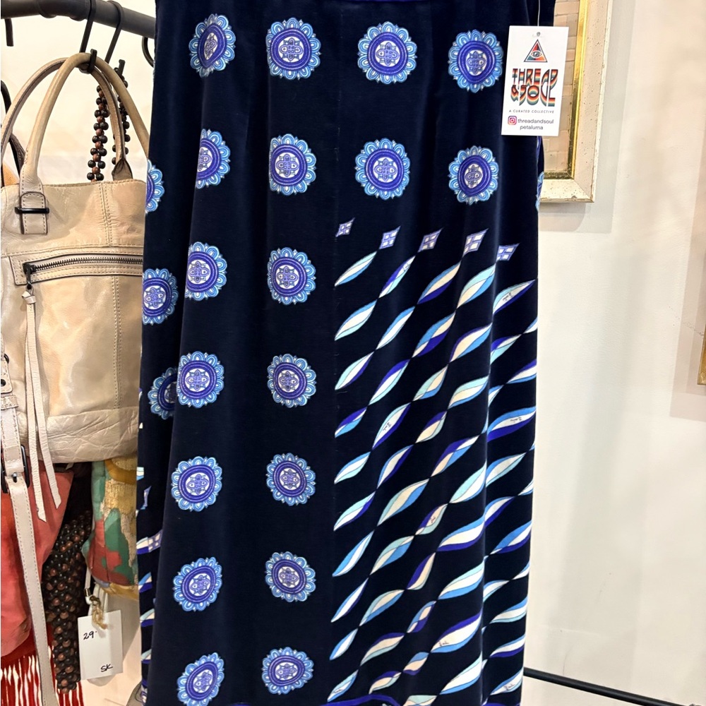 Emilio Pucci Vintage Navy and Blue Patterned A-Line Skirt
